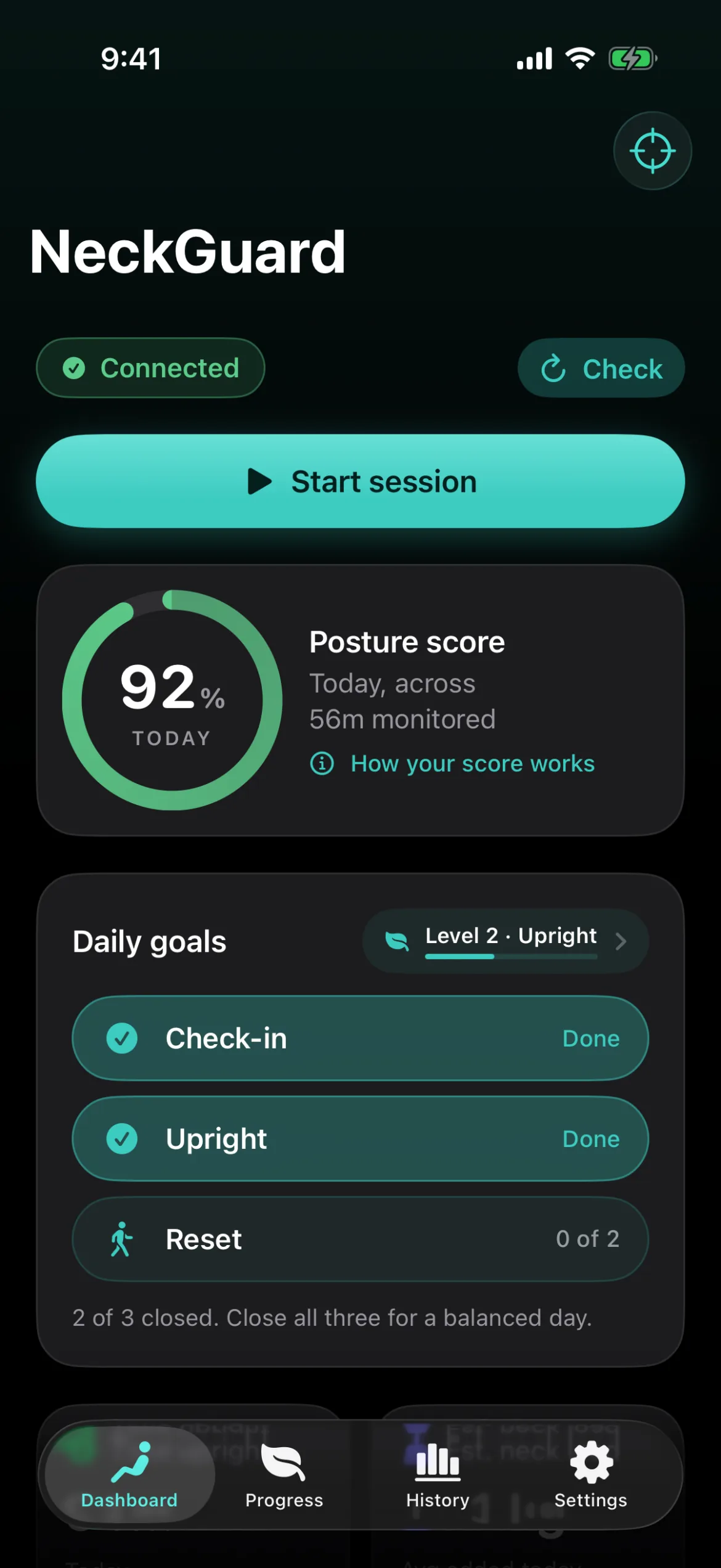 NeckGuard dashboard in dark mode with the posture score ring, level badge and daily goals.