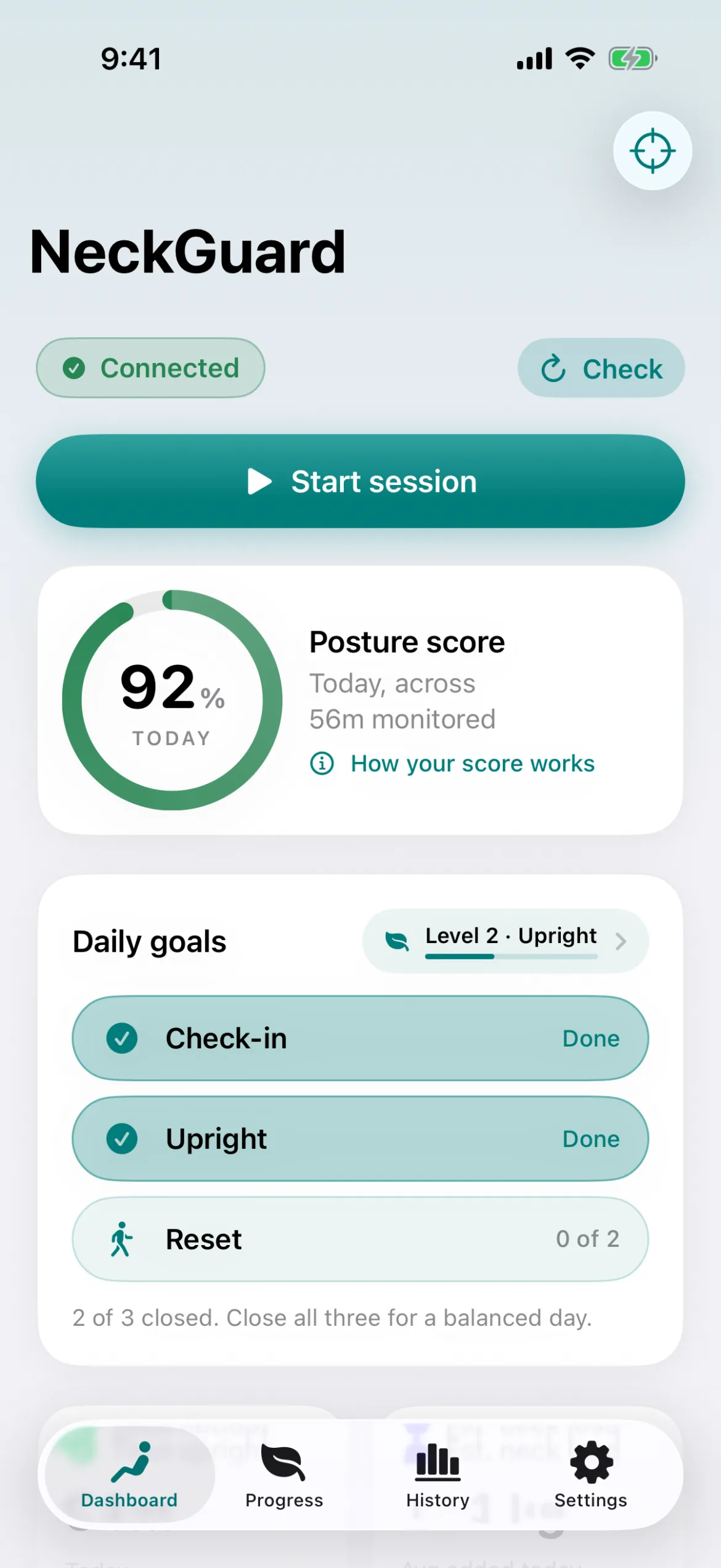 NeckGuard dashboard on iPhone showing a 92% posture score for today, the level badge, and daily goals for check-in, upright time and movement resets.