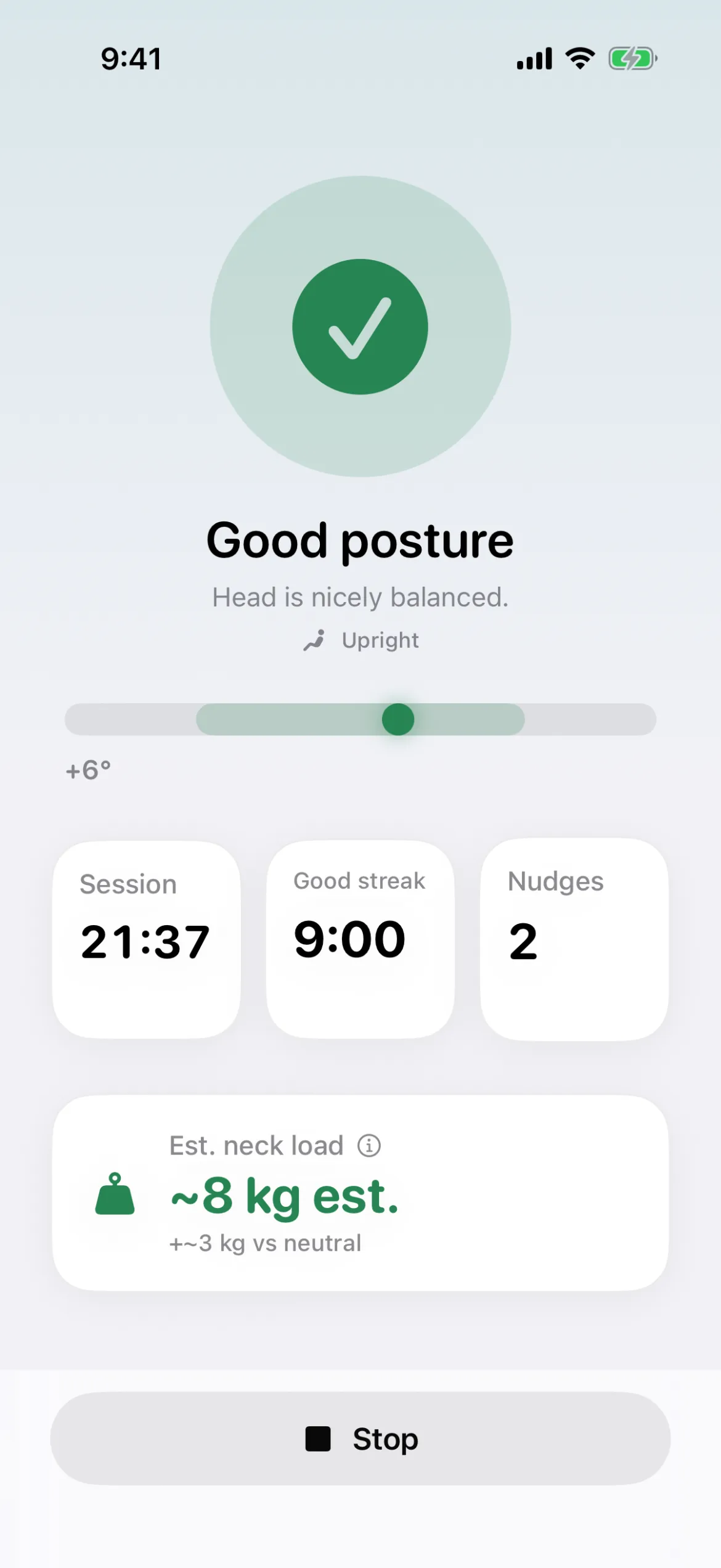 Live session screen showing a green check for good posture, the head tilt indicator, session time, good-posture streak, nudge count and estimated neck load.