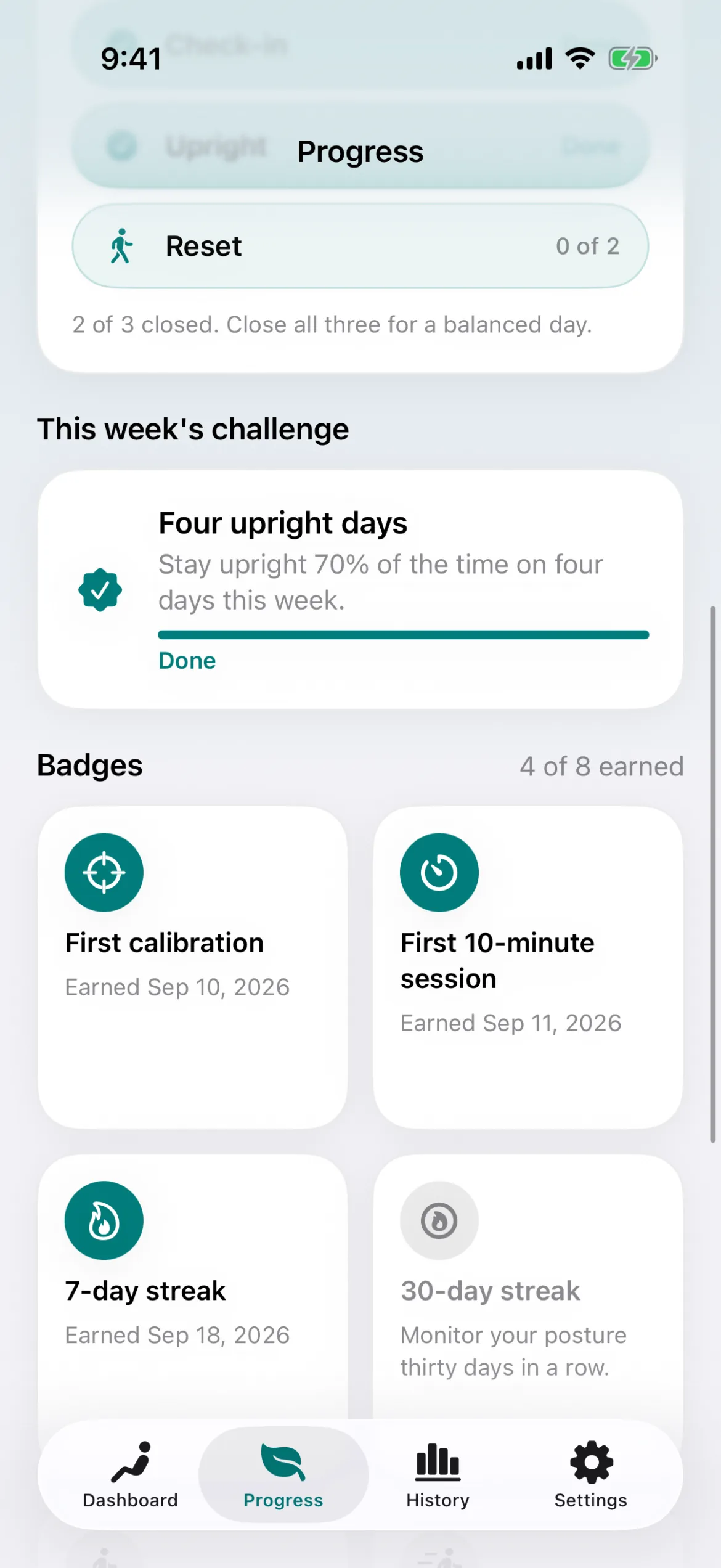Progress screen showing a completed weekly challenge and earned badges for first calibration, first 10-minute session and a 7-day streak.