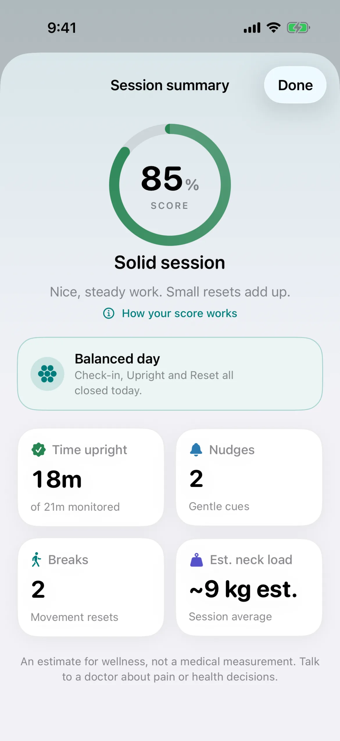 Session summary with an 85% score, a balanced-day celebration, time upright, nudges, movement breaks and average estimated neck load.